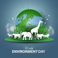 Happy world environment and earth day. big world map with animals. vector illustration design Royalty Free Stock Photo