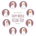 Happy World Hijab Day. Women in White Hijab Vector Set