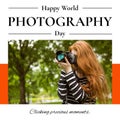 Happy world photography day text in black with caucasian female photographer using slr camera Royalty Free Stock Photo