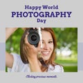 Happy world photography day text in blue with smiling caucasian woman using camera in park