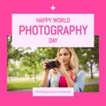 Happy world photography day text in pink with happy caucasian woman using camera in park