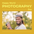 Happy world photography day text in yellow with happy african american man holding camera in park