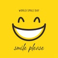 Happy world smile day banner vector illustration greeting design on yellow background with emoticon drawing