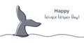 Happy World Whale Day banner or card, whale tail line art, ecology concept, vector