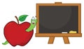 Happy Worm Cartoon Mascot Character In A Red Apple With A School Chalk Board