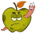 Happy Worm In A Grumpy Rotten Green Apple Fruit