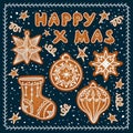 Happy x mas. A set of realistic gingerbread cookies. Santa`s sock, Christmas balls and star of Bethlehem. Royalty Free Stock Photo