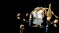 Happy xmas. White gift box with golden ribbon, New Year balls and winter tree in Christmas composition on black background for Royalty Free Stock Photo