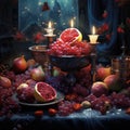 Happy yalda night, winter solstice festival, The birth of the sun or the moon, Copyspace background for text, grapes