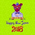 Happy 2018, year of the dog. Dog on green background. New year`s greeting card. Royalty Free Stock Photo