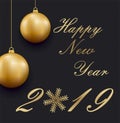Happy 2019 year. Gold Numbers Design of greeting card with golden balls Royalty Free Stock Photo