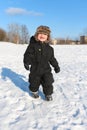Happy 2 year toddler walking in winter