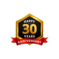 Happy 30 years golden anniversary logo celebration with hexagonal frame and ribbon