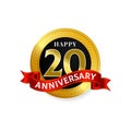 Happy 20 years golden anniversary logo celebration with ring and ribbon.