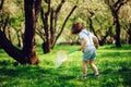 Happy 3 years old child boy catching butterflies with net on the walk in sunny garden or park Royalty Free Stock Photo