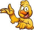 Happy yellow cartoon chicken with hand up