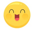 Happy yellow face emoji with open mouth and closed eyes. Cheerful emoticon showing joy and happiness. Excitement and