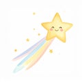 Happy Yellow Star with Rainbow Trail on White Background Isolated Celestial Element Royalty Free Stock Photo