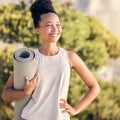 Happy, yoga and zen black woman in nature or park to start pilates training, meditation and breathing exercises. Smile Royalty Free Stock Photo