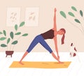 Happy yogini enjoying training on mat at home vector flat illustration. Smiling woman practicing yoga, pilates or Royalty Free Stock Photo