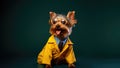 Happy Yorkshire Terrier Dog Dressed As A Scientist On Dark Yellow Colour Background