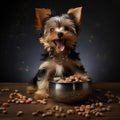 A happy Yorkshire terrier with its eyes closed in concentration as it eats its food by AI generated