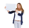 So happy you said it here first. A beautiful woman holding a blank placard. Royalty Free Stock Photo