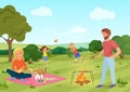 Happy youg family on a picnic in forest field. Father, mother, son and daughter are playing andresting in nature vector Royalty Free Stock Photo