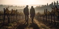 Happy Young Adult Couple Walking Through the Grape Vineyard - Generative AI