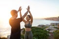 Happy young african american family athletes in sportswear give high five enjoy sport teamwork