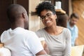 Happy young african american woman enjoy fun conversation with boyfriend Royalty Free Stock Photo