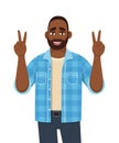 Happy young African man showing victory, peace, V or winning gesture with both hands. Trendy bearded person making success sign.