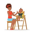 Happy young african mother feeding her baby in highchair, colorful vector Illustration
