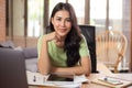 Happy young Asian businesswoman looking staight at camera while sitting and working on her project using her computer and tablet