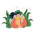 Happy young asian family hugging. Joyful girl with ponytail winking and hugging a guy in glasses. Doodle style illustration