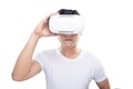 Happy young asian man using the virtual reality headset isolated Royalty Free Stock Photo