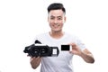 Happy young asian man using the virtual reality headset isolated Royalty Free Stock Photo