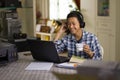 Happy asian boy enjoy online class at home Royalty Free Stock Photo