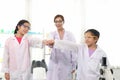 Happy young Asian student schoolgirls in lab coat with female scientist teacher bumping their fists together to celebrate success