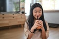 Young asian woman enjoy drinking pearl bubble milk tea. Royalty Free Stock Photo