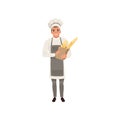 Happy young baker character holding traditional french baguettes in paper bag vector Illustration isolated on a white