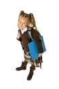 Happy young beautiful blond schoolgirl with pigtails and school uniform carrying backpack