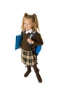 Happy young beautiful blond schoolgirl with pigtails and school uniform carrying backpack