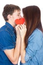 Happy Young beautiful Couple isolated on a White background with gift in hand Royalty Free Stock Photo