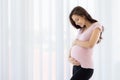 Happy young and beautiful pregnant woman tender touch tummy with love, care, and happiness. New mother standing near curtain with Royalty Free Stock Photo