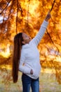 Happy young beautiful woman in autumn park on sunny day, pointing finger on the tree, Young woman in white coat during sunset in t Royalty Free Stock Photo