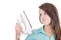 Happy young beautiful woman ironing clothes. Royalty Free Stock Photo