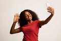 Happy Young Black Woman With Smartphone Making Video Call Or Taking Selfie Royalty Free Stock Photo