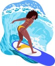 Happy young black woman surfer riding big waves on blue surfboard. Summer illustration with beautiful wave rider with curly hair