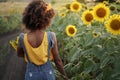 Happy young black woman walks in the sunflower field On the Sunset. Dark-skinned girl with with a bouquet of sunflowers Royalty Free Stock Photo